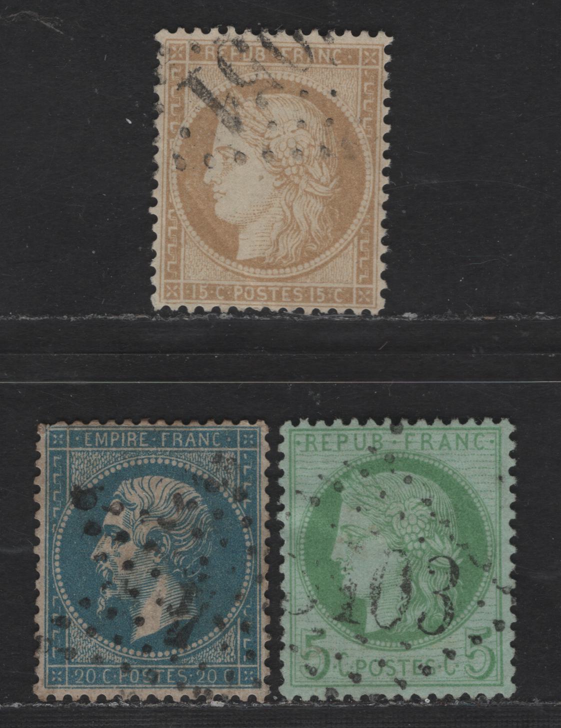Lot 56 France SC#26, 53, 56 20c - 15c Blue - Bistre on Yellowish Napoleon & Lawreatte, 1862-1870 Perforated Napoleon & Lawreatte Issue, 3 Very Fine Used Singles