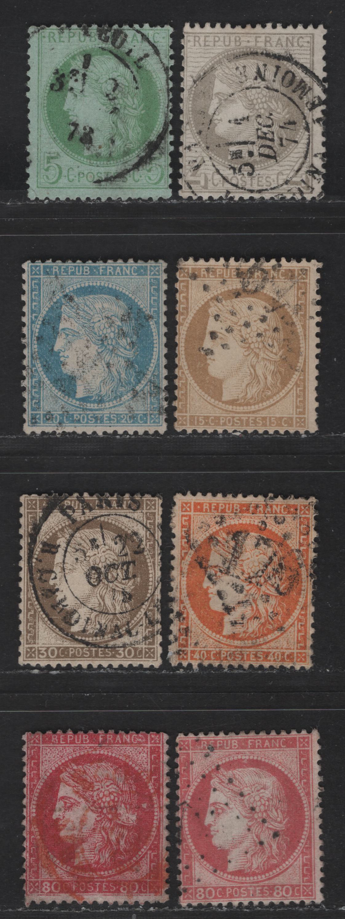 Lot 57 France SC#52-53, 57, 59, 62, 63b-c 4c - 80c Gray - Bright Carmine Ceres Head, 1870-1875 Ceres Heads With Large & Small Numerals Issue, 8 Fine Used Singles