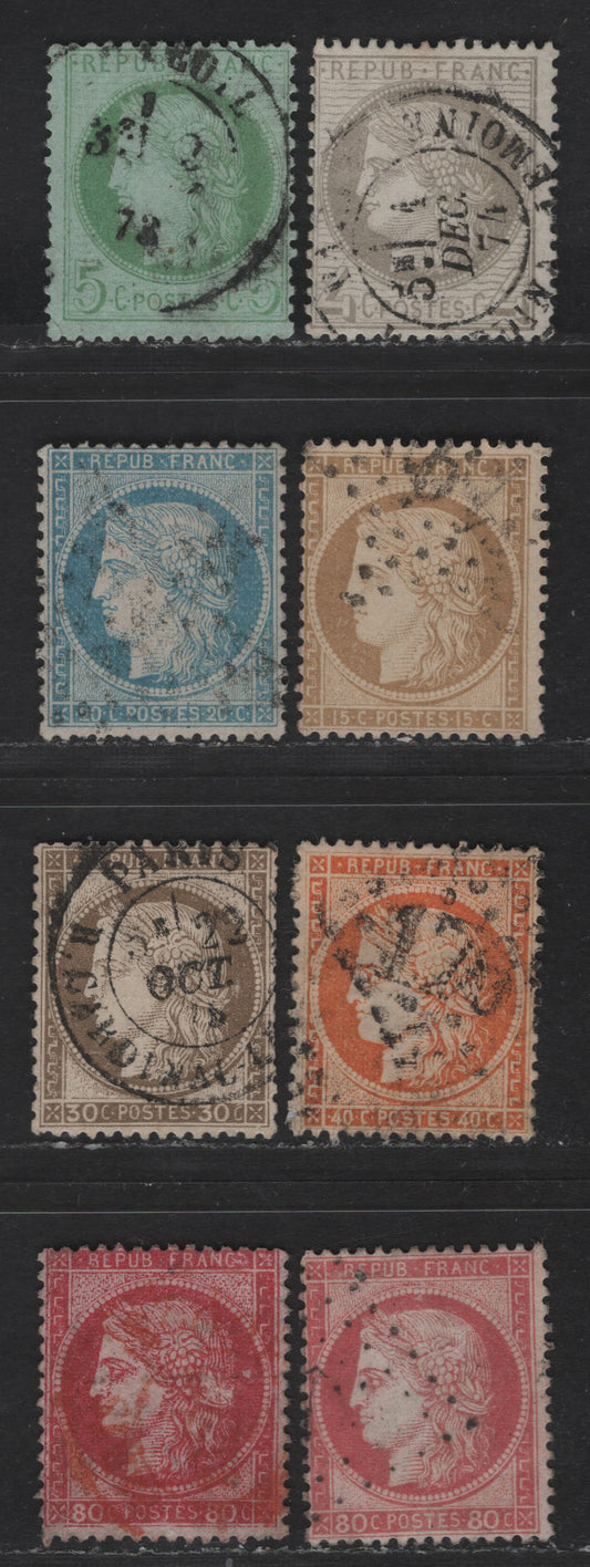 Lot 57 France SC#52-53, 57, 59, 62, 63b-c 4c - 80c Gray - Bright Carmine Ceres Head, 1870-1875 Ceres Heads With Large & Small Numerals Issue, 8 Fine Used Singles