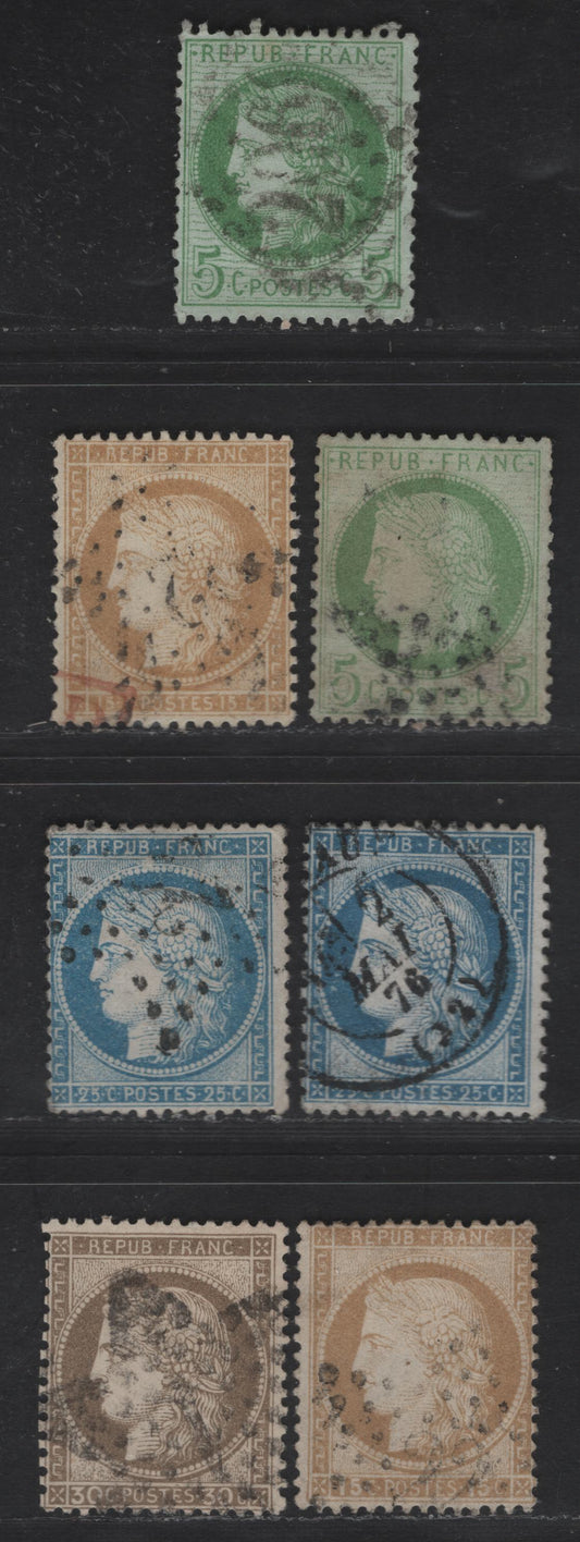 Lot 58 France SC#53, 56, 58, 61-62 5c - 30c Green on Pale Blue - Gray Brown Ceres Head, 1870-1875 Ceres Heads Issue, 7 Fine Used Singles, Smaller & Larger Numerals