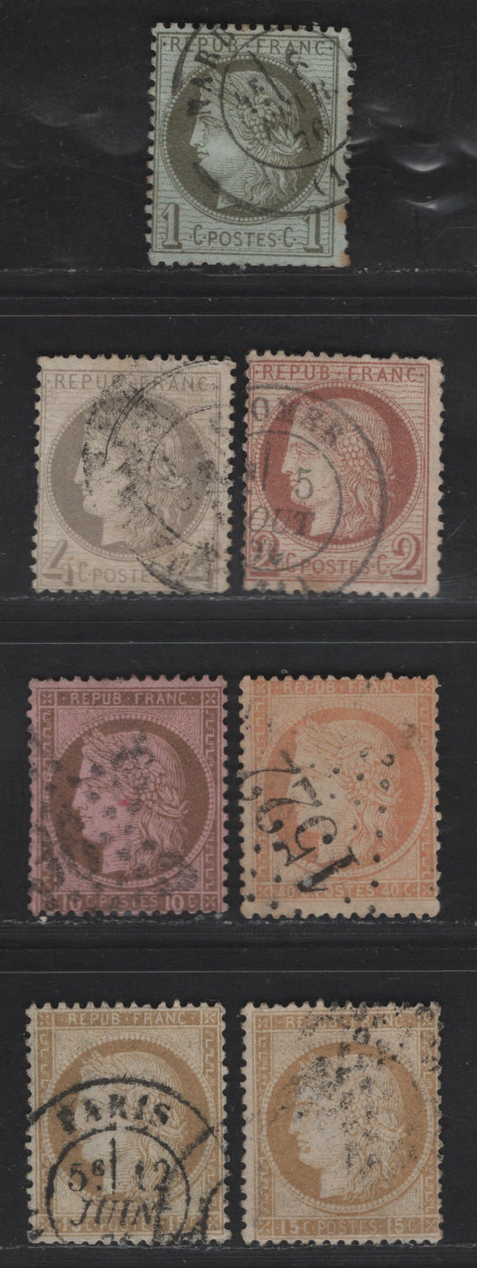 Lot 59 France SC#50-52, 59a, 60, 61 1c - 15c Olive Green - Bistre Ceres Head, 1870-1875 Ceres Heads Issue, 7 Very Good Used Singles, Smaller & Larger Numerals