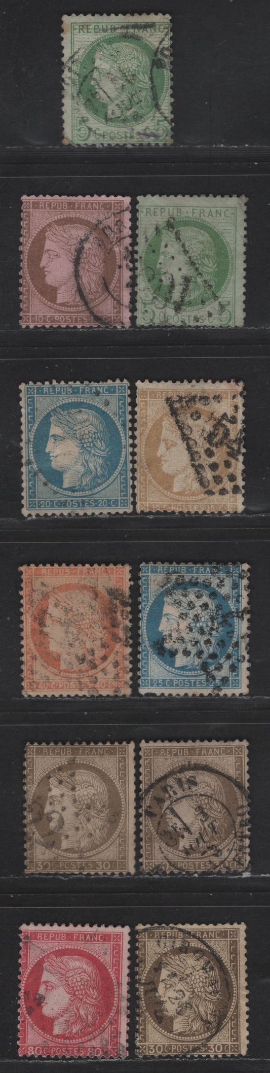 Lot 60 France SC#53-a, 55-59, 62, 63b 5c - 80c Yellowish Green on Pale Blue - Rose on Pinkish Ceres Head, 1870-1875 Ceres Heads Issue, 11 Very Good/Fine Used Singles, Smaller & Larger Numerals, Includes 3 Shades Of 30c Brown