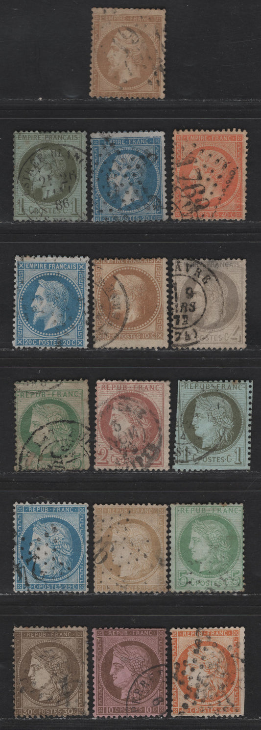 Lot 61 France SC#25-27, 29, 31-33, 50-51, 53-a, 56, 58-60, 62 10c - 30c Bistre on Yellowish - Olive Brown Napoleon III - Ceres, 1862-1875 Napoleon III & Ceres Issues, 16 Ungraded Singles, Faults, Ideal for Spacefillers or Study Material