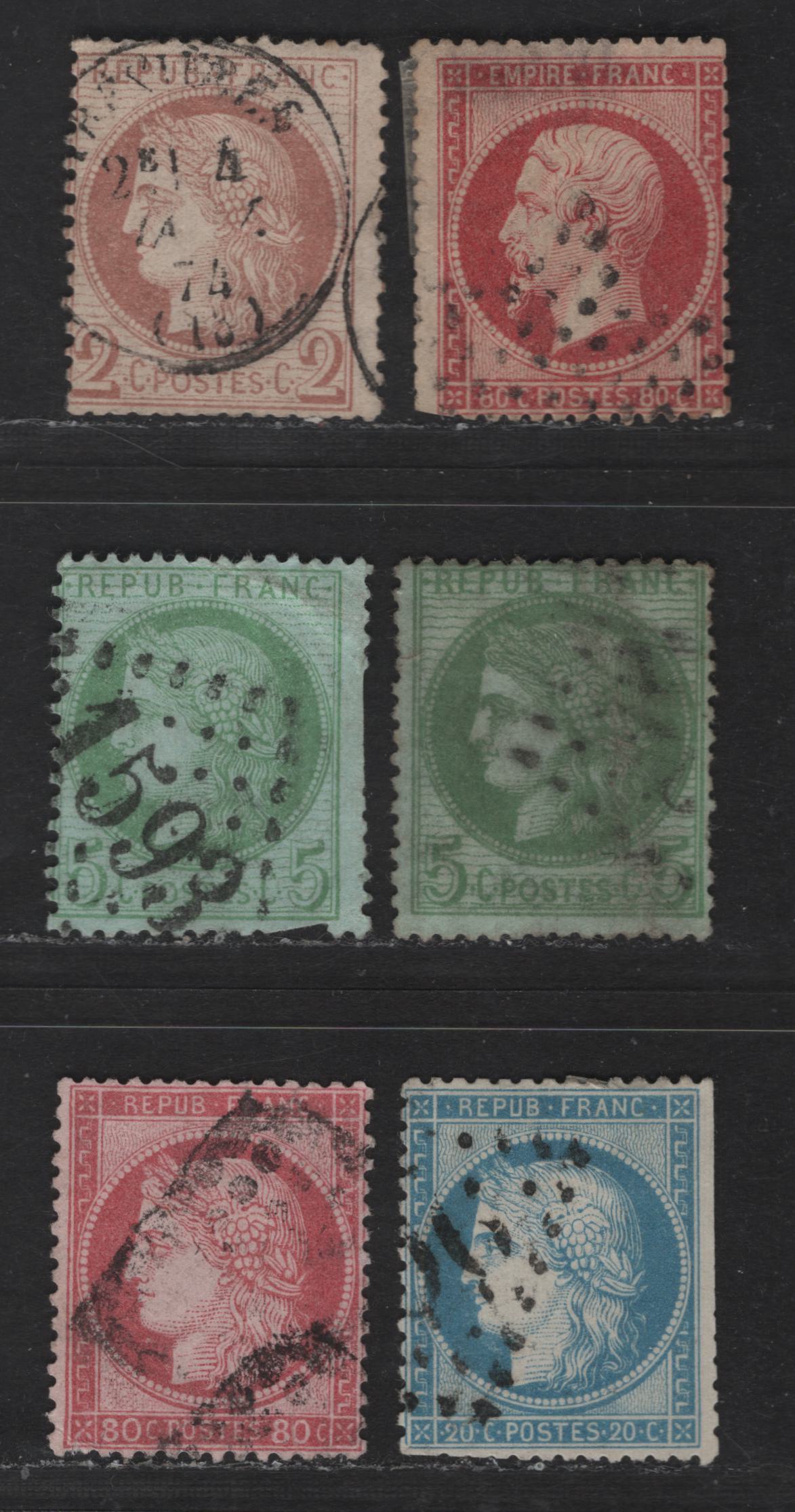 Lot 62 France SC#28b, 51, 53-a, 57, 63b 80c Carmine on Pinkish - Carmine Rose on Pinkish Napoleon III - Ceres, 1862-1875 Napoleon III & Ceres Issues, 6 Ungraded Singles, All With Faults, Smaller & Larger Numerals