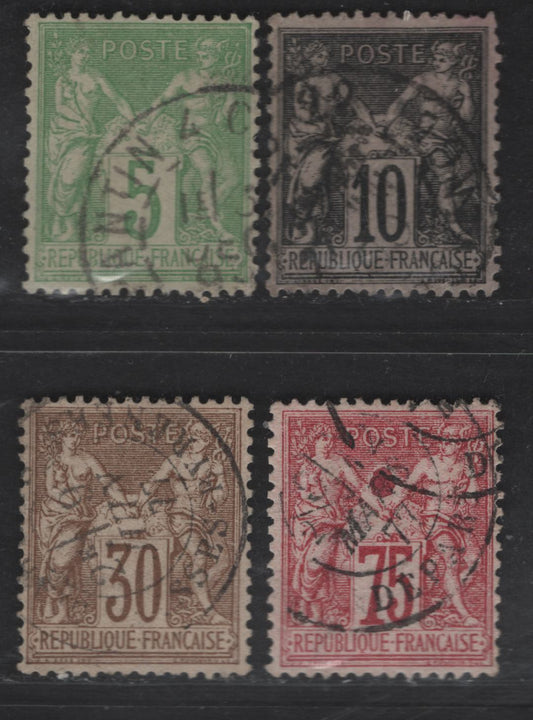 Lot 66 France SC#73, 75, 105-106 5c - 75c Yellow Green - Carmine on Rose Peace & Commerce, 1876-1900 Peace & Commerce Issue, 4 Very Fine Used Singles, Type 1