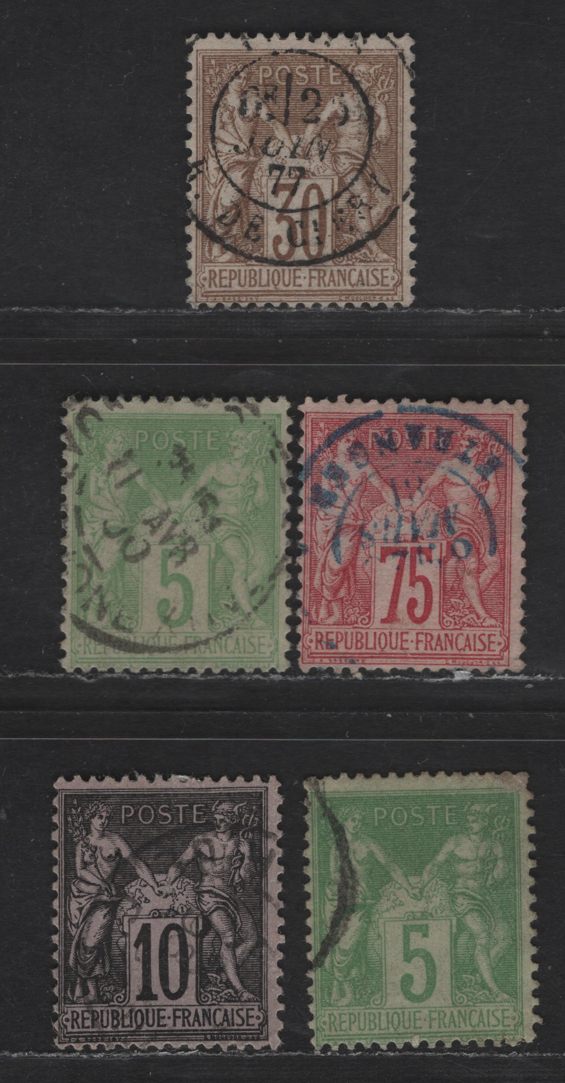 Lot 67 France SC#73, 75, 105-106 30c - 10c Brown on Yellowish - Black on Lavender Peace & Commerce, 1876-1878 Peace & Commerce Issue, 5 Fine Used Singles, Type 1