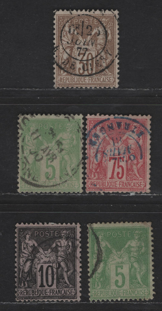 Lot 67 France SC#73, 75, 105-106 30c - 10c Brown on Yellowish - Black on Lavender Peace & Commerce, 1876-1878 Peace & Commerce Issue, 5 Fine Used Singles, Type 1