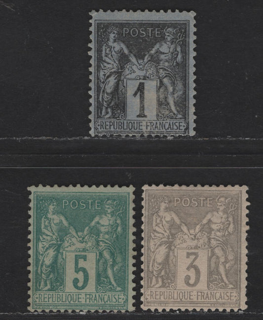 Lot 68 France SC#78, 86a, 97 5c - 1c Green on Greenish - Gray on Grayish Peace & Commerce, 1876-1880 Peace & Commerce Issue, 3 F/VFOG Singles, Type II, 'N' of 'Inv' Under 'U' of Republique