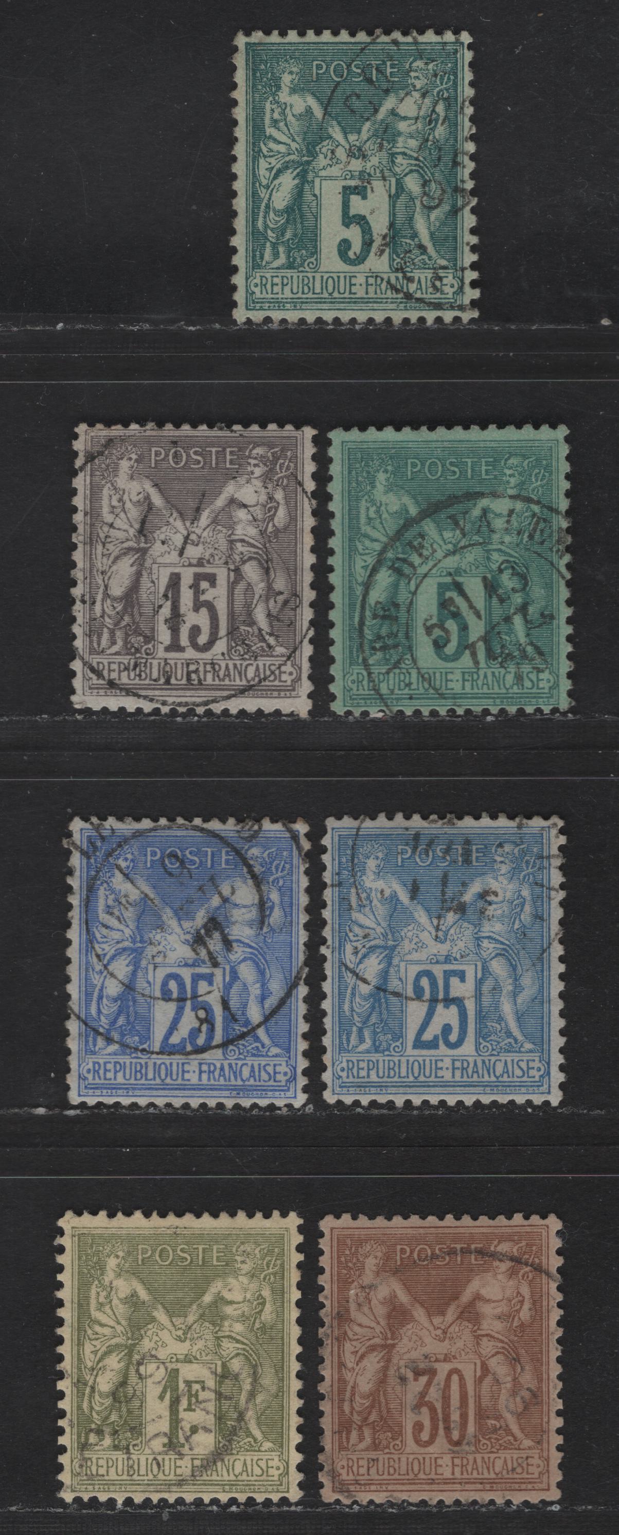 Lot 69 France SC#78, 80-81a, 82, 84 5c - 1fr Green on Greenish - Bronze Green on Straw Peace & Commerce, 1876-1877 Peace & Commerce Issue, 7 Very Fine Used Singles, Type II