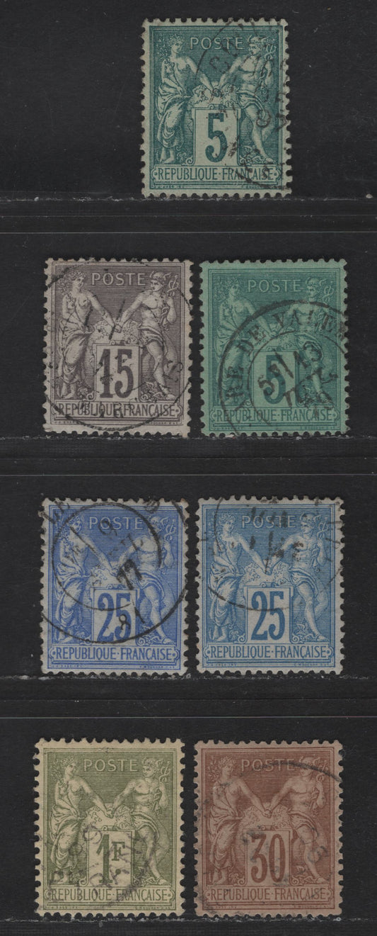 Lot 69 France SC#78, 80-81a, 82, 84 5c - 1fr Green on Greenish - Bronze Green on Straw Peace & Commerce, 1876-1877 Peace & Commerce Issue, 7 Very Fine Used Singles, Type II