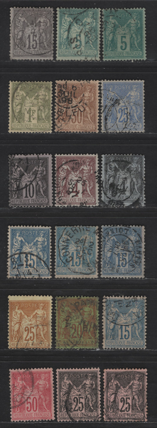 France SC#78, 80-82, 84, 86, 90a, 91, 92, 103, 98-101 5c - 50c Green on Greenish - Carmine on Rose Peace & Commerce, 1876-1900 Peace & Commerce Issue, 18 Fine Used Singles, Type 2, Shade Variations