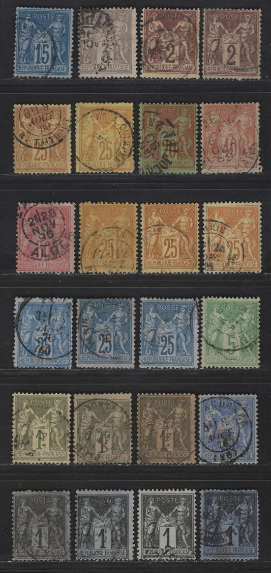 Lot 72 France SC#81-a, 84, 84b, 86-a, 88-a, 92b, 97, 95b, 98-99, 101, 104 25c - 5c Ultramarine on Blue - Yellow Green Peace & Commerce, 1877-1900 Peace & Commerce Issue, 24 Fine Used Singles, Type 2, Many Unlisted Shade Varieties