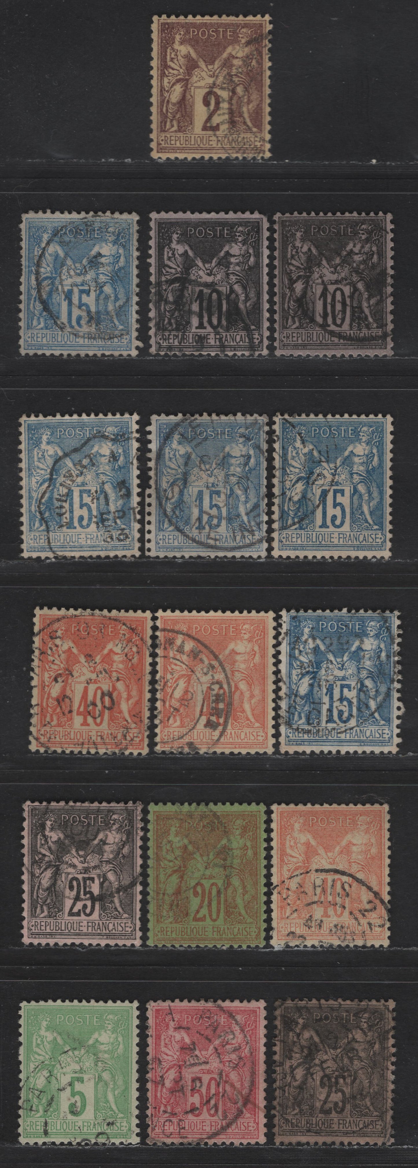 Lot 73 France SC#88a, 91, 91b, 92, 103, 95, 95b, 98, 100, 101a, 104 2c - 5c Brown on Yellow - Yellow Green Peace & Commerce, 1877-1900 Peace & Commerce Issue, 16 Very Fine Used Singles, Type 2, Shade Variations, Regular & Quadrille Papers On 15c