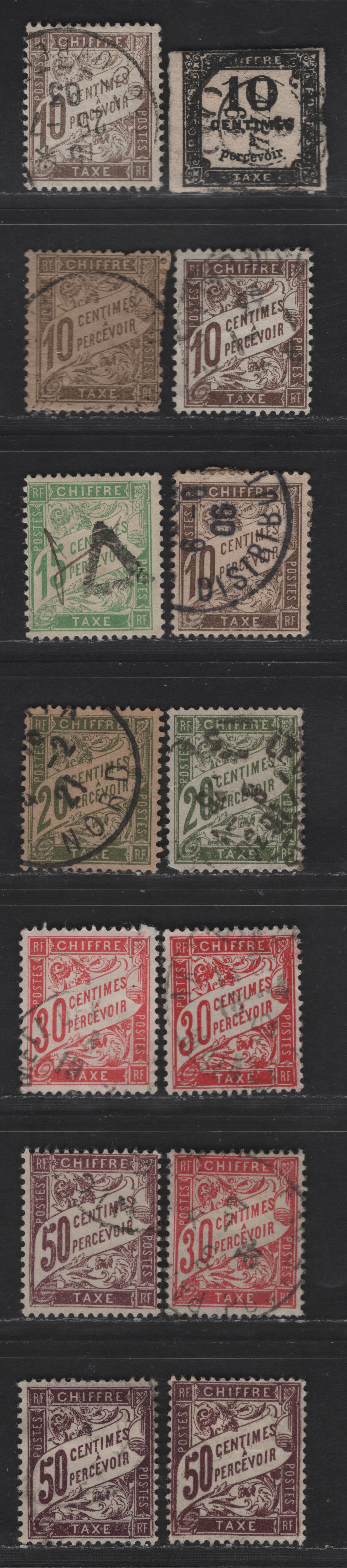 Lot 74 France SC#J3, J30-a, J31, J32-a, J38-a 10c - 50c Black - Lilac Numerals, 1859-1941 Postage Dues, 14 Fine/Very Fine Used Singles