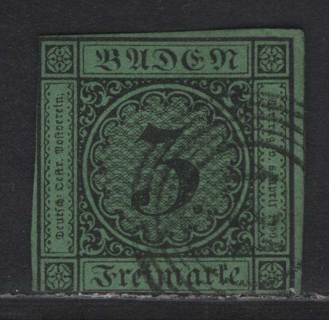 Lot 75 German States - Baden SC#7 3kr Black on Green Numerals, 1851-1852 Numeral Issue, A Very Good Used Single, #111 Phillipsburg Cancel