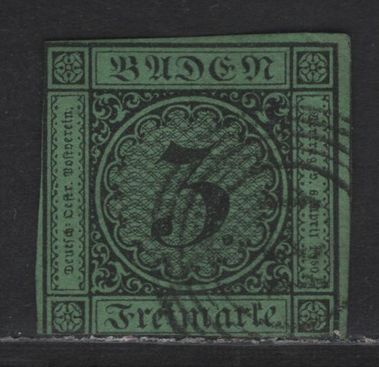 Lot 75 German States - Baden SC#7 3kr Black on Green Numerals, 1851-1852 Numeral Issue, A Very Good Used Single, #111 Phillipsburg Cancel