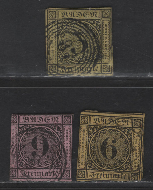 Lot 76 German States - Baden SC#2, 8, 4 3kr Black & Yellow - Black on Lilac Rose Numerals, 1851-1852 Numeral Issue, 3 Ungraded Singles