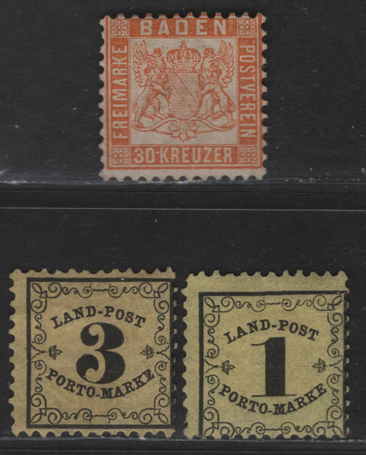 Lot 77 German States - Baden SC#25, LJ1-LJ2 30kr - 1kr Deep Orange - Black On Yellow Arms, 1862-1865 Arms & Rural Postage Dues Issues, 3 FOG & Unused Singles