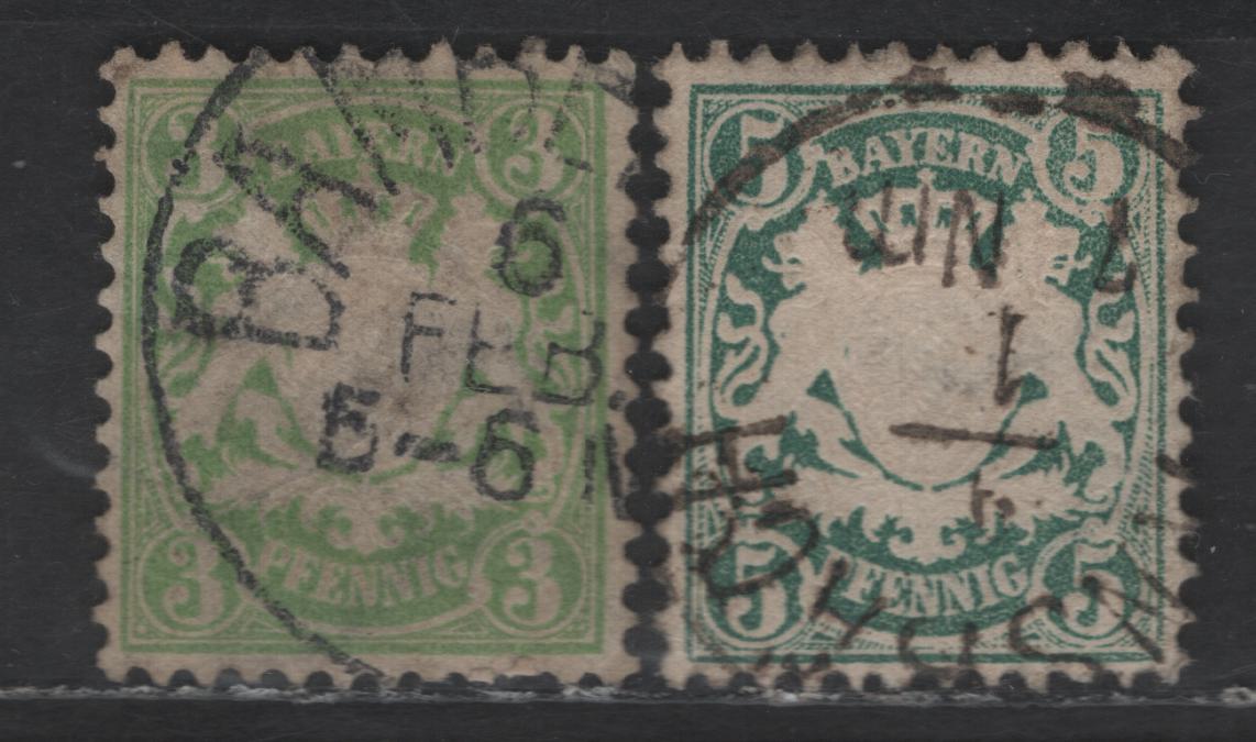 Lot 79 German States - Bavaria SC#38a, 39a 3pf - 5pf Light Yellow Green - Dark Yellowish Green Embossed Arms, 1876-1878 Embossed Arms Issue, 2 Very Fine Used Singles