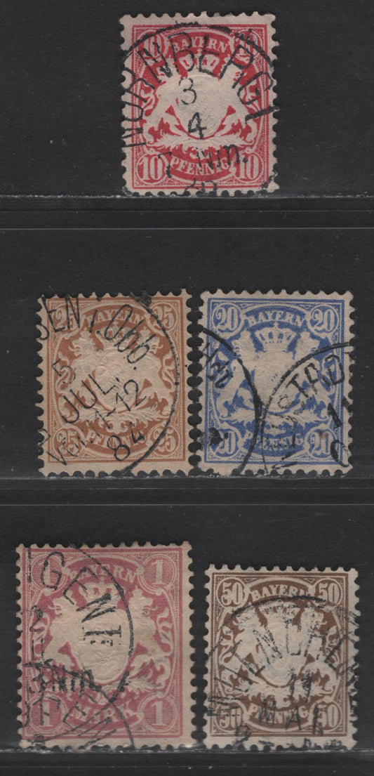 Lot 80 German States - Bavaria SC#51-53, 54a 10pf - 1m Carmine - Brownish Lilac Embossed Arms, 1881-1891 Embossed Arms Issue, 5 Fine/Very Fine Used Singles, Vertical Wavy Lines Wmk, 1m On Toned Paper