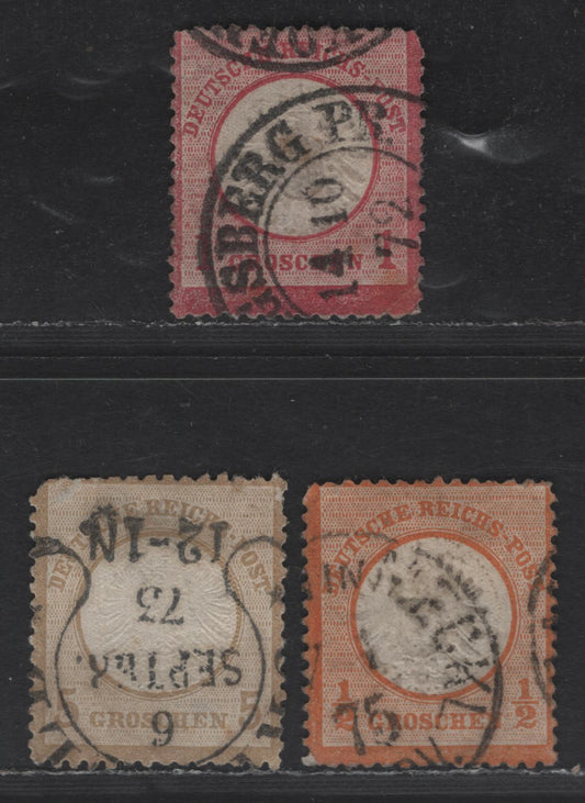 Lot 82 German States - Bavaria SC#16-17, 20 1/2gr - 5gr Orange - Bistre Eagle, 1872 Eagle With Large Shield Issue, 3 Good/Very Good Used Singles, Creases on 1/2gr & 1gr