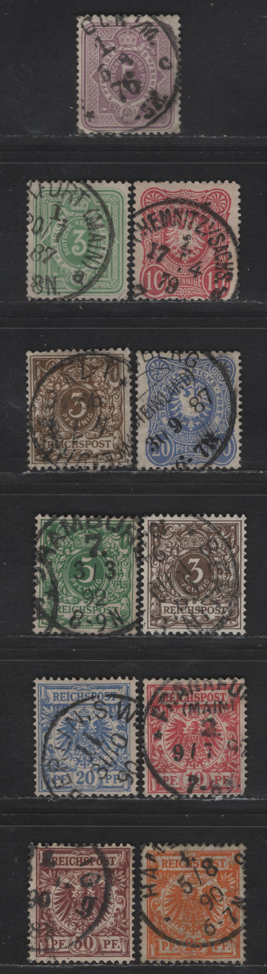 Lot 83 German States - Bavaria SC#30-31, 37, 40, 46, 46e, 47a, 48-50, 51a 5pf - 50pf Lilac - Copper Brown Arms, 1875-1900 Arms Issue, 11 Fine/Very Fine Used Singles, With & Without Final 'E' on Pfenning