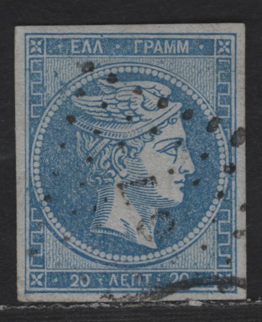 Lot 84 Greece SC#20a 20l Light Blue on Bluish Hermes Head, 1862-1867 Large Hermes Heads Issue, A Very Fine Used Single, Consecutive Athens Print