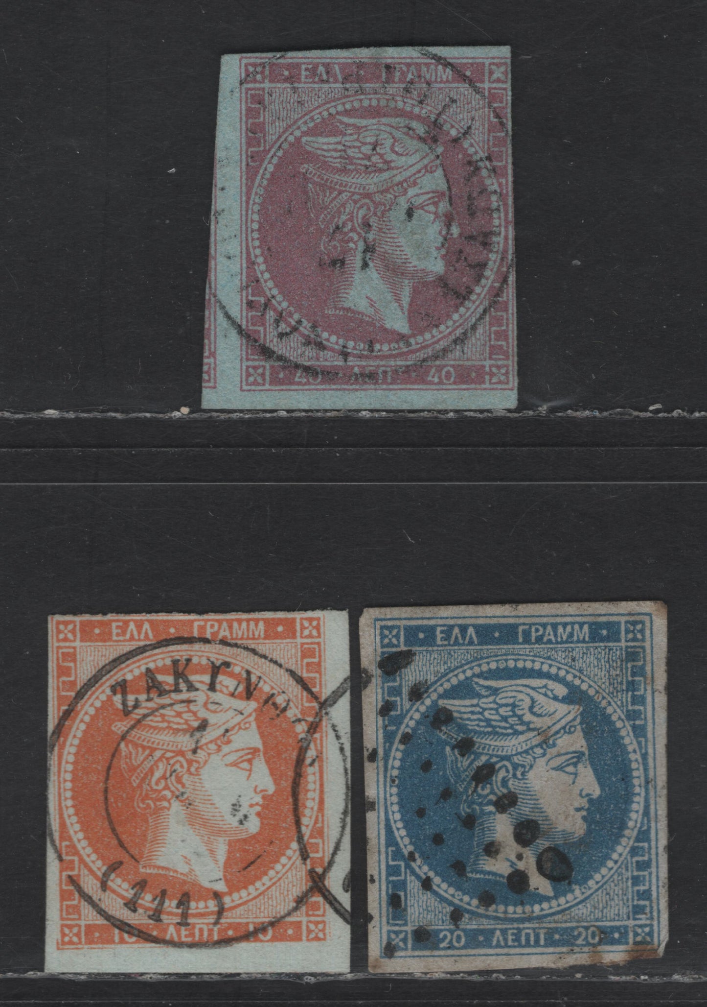 Lot 90 Greece SC#26-28 10l - 40l Pale Orange on Bluish - Rose Violet on Blue Hermes Head, 1868-1870 Large Hermes Heads Issue, 3 Very Good Used Singles, Shallow Thins & Toning on 20l, Cleaned Plates Printings