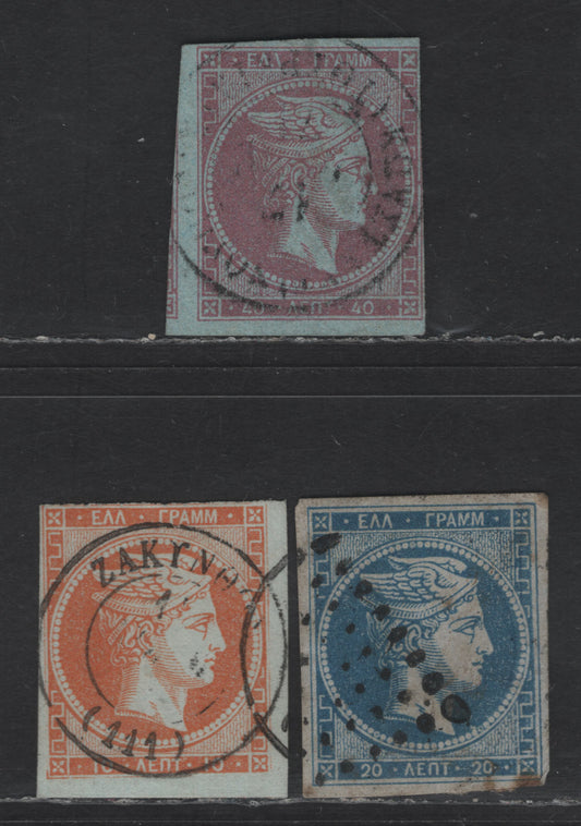 Lot 90 Greece SC#26-28 10l - 40l Pale Orange on Bluish - Rose Violet on Blue Hermes Head, 1868-1870 Large Hermes Heads Issue, 3 Very Good Used Singles, Shallow Thins & Toning on 20l, Cleaned Plates Printings