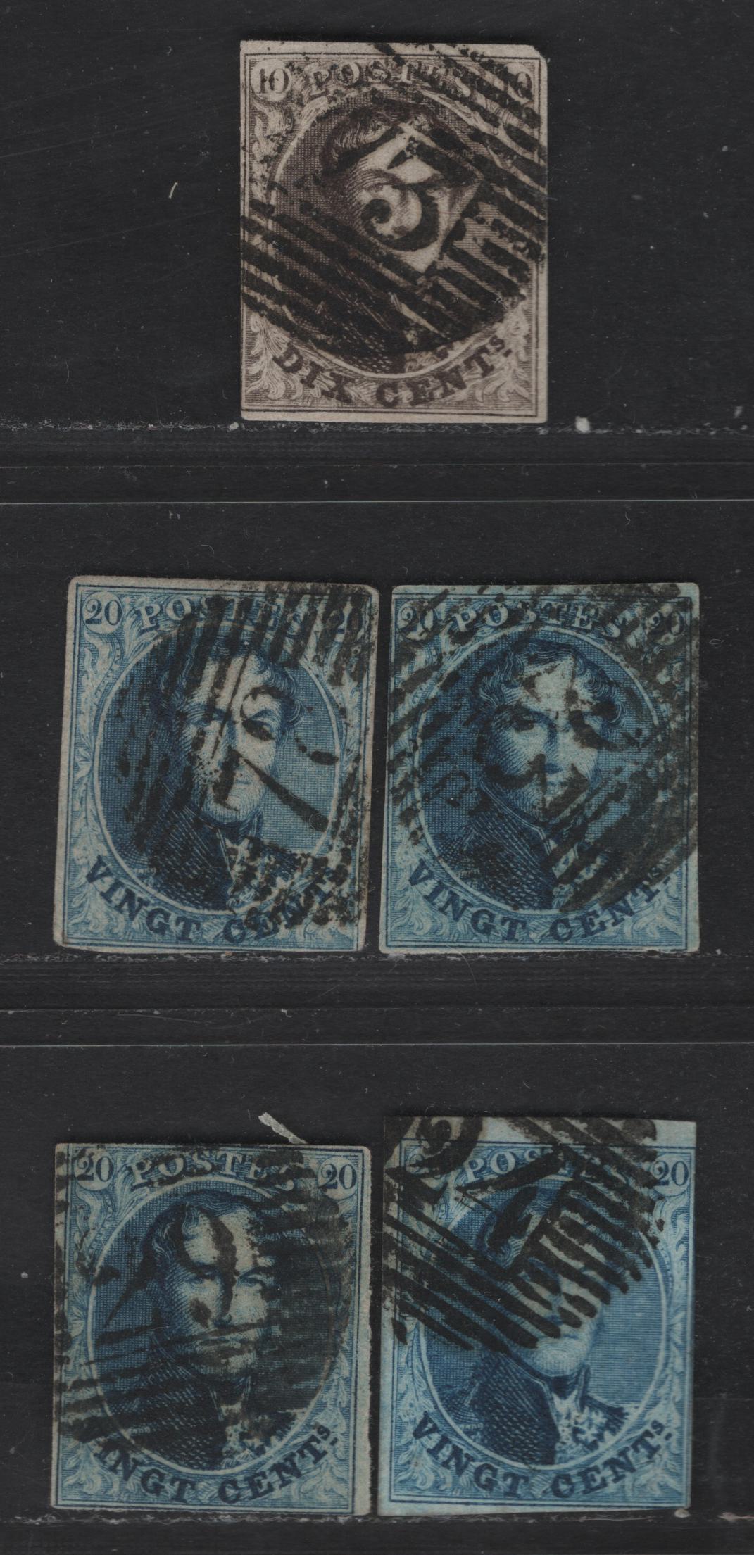 Lot 9 Belgium SC#10a, 11-a 10c-20c Dark Brown - Dark Blue Leopold I, 1861 Leopold I Issue, 5 Fine Used Imperf Singles, Unwatermarked, 3 Margin Examples, All With Legible Numeral Cancels, 4th Margins Just Touching Design, But Do Not Cut Significantly