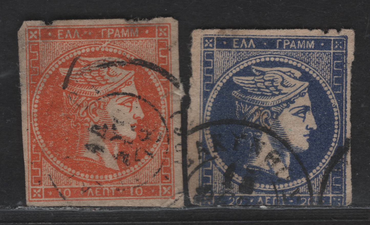 Lot 96 Greece SC#46-47 10l - 20l Orange - Ultramarine Hermes Head, 1870-1872 Large Hermes Heads Issue, 2 Very Good Used Singles, Cream Paper, Good Margins On 10l But Severe Thin