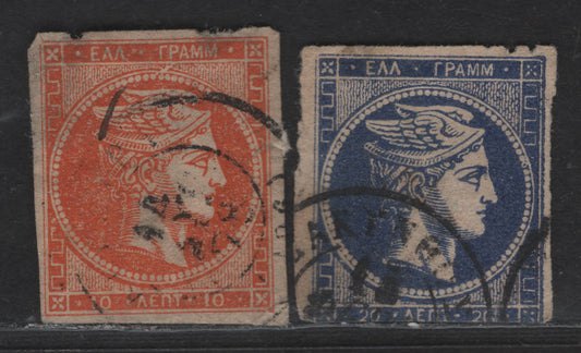 Lot 96 Greece SC#46-47 10l - 20l Orange - Ultramarine Hermes Head, 1870-1872 Large Hermes Heads Issue, 2 Very Good Used Singles, Cream Paper, Good Margins On 10l But Severe Thin