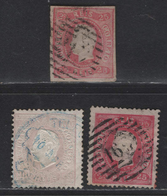 Lot 167 Portugal SC#20, 28, 45e 25r - 100r Rose - Bistre King Luiz, 1866-1884 Embossed Issue, 3 Fine Used Singles