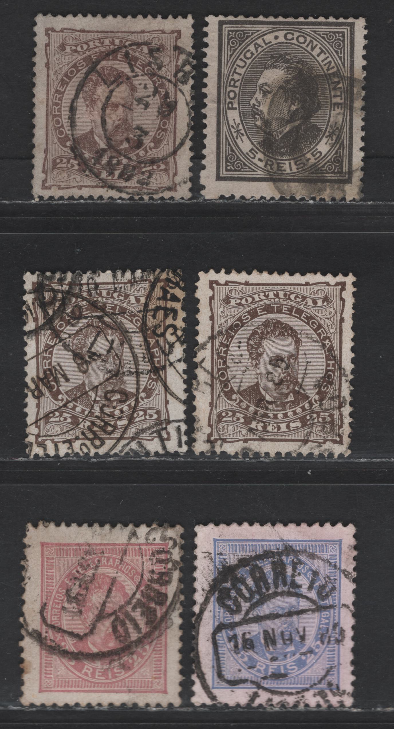 Portugal SC#52, 60b-d, 65-66 5r - 25r Black - Lilac Rose King Luiz, 1882-1887 King Luiz 3/4 Face Portraits & Sideface Issues, 6 Fine/Very Fine Used Singles, Perfs 12.5 & 13.5, Plan & Enamel Surfaced Papers