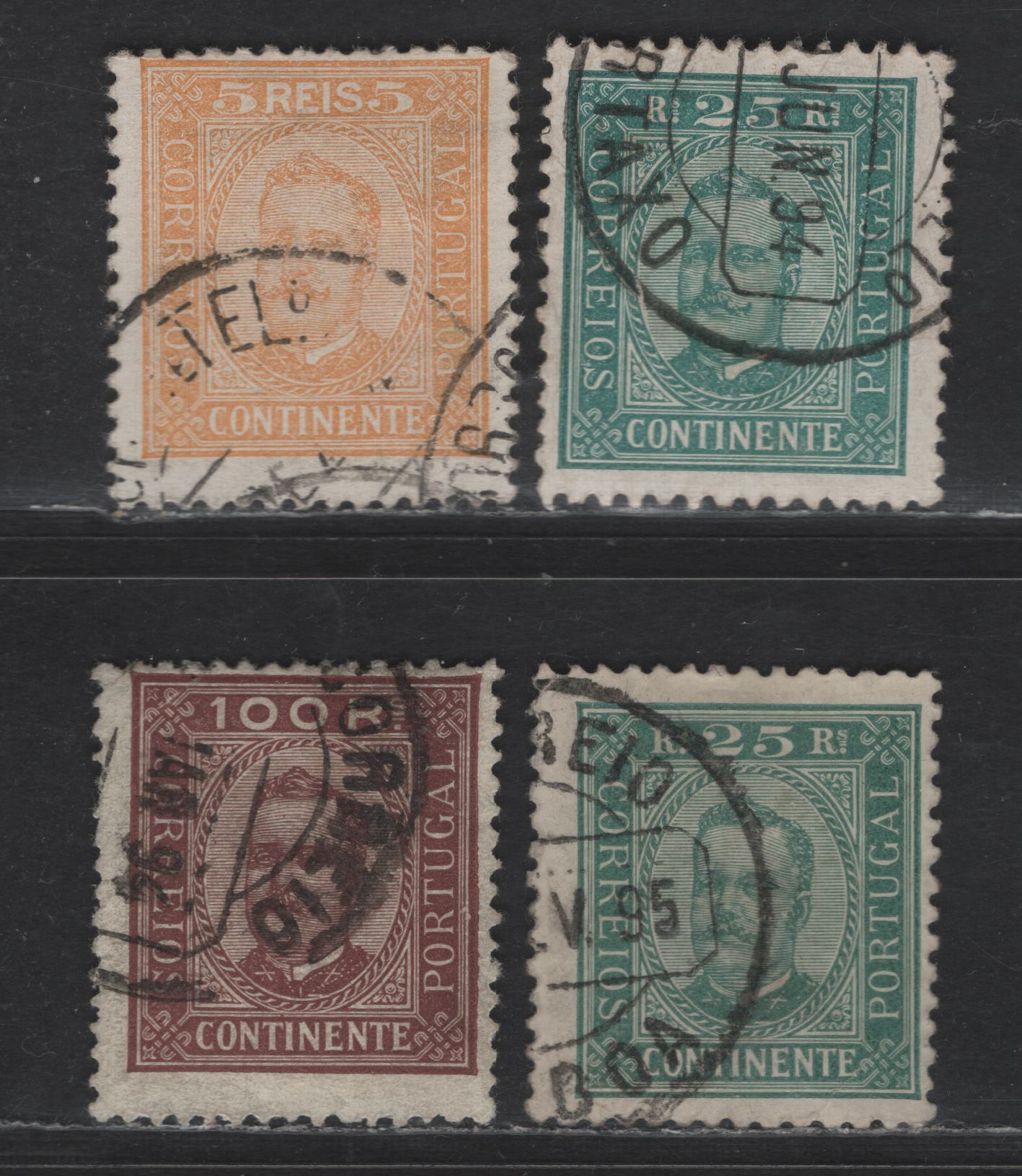 Portugal SC#71, 67a, 71a, 75 5r - 100r Orange Yellow - Brown on Buff King Luiz, 1892-1893 King Luiz Full Face Portraits Issue, 4 Fine Used Singles, Perfs 11.5 & 12.5, Enamelled & Chalky Papers