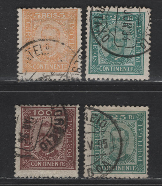 Portugal SC#71, 67a, 71a, 75 5r - 100r Orange Yellow - Brown on Buff King Luiz, 1892-1893 King Luiz Full Face Portraits Issue, 4 Fine Used Singles, Perfs 11.5 & 12.5, Enamelled & Chalky Papers