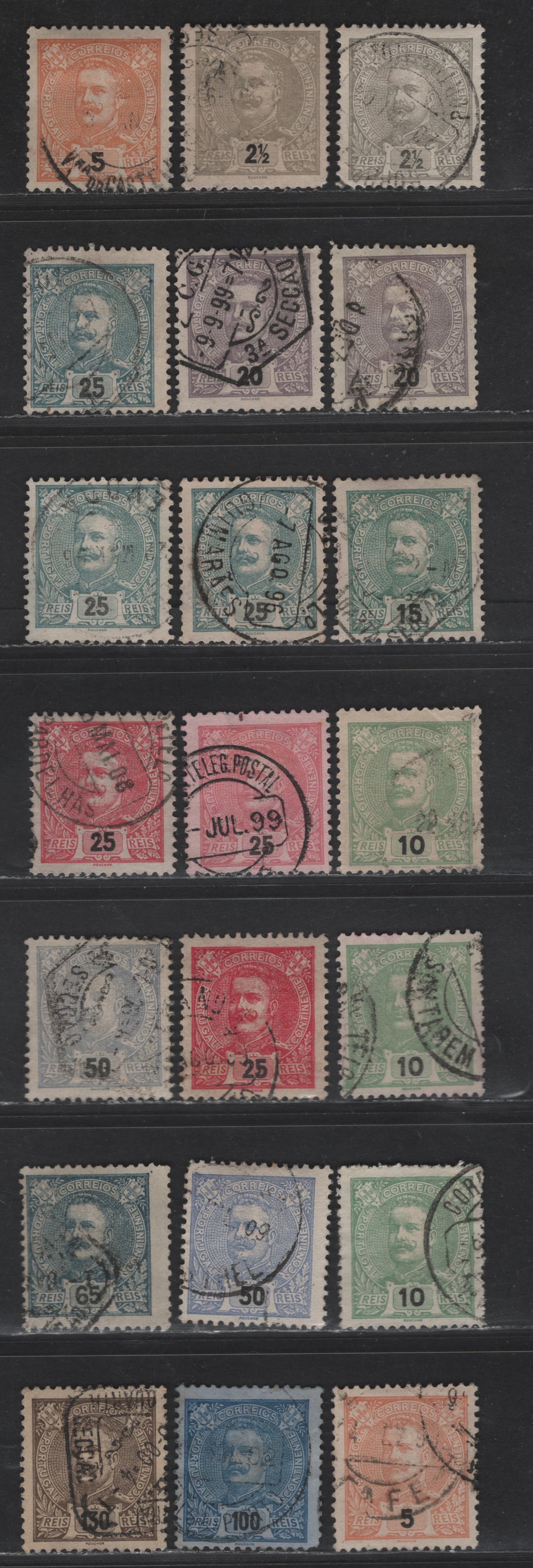 Portugal SC#110-118, 120, 124, 126 2.5r - 130r Gray - Gray Brown on Straw King Carlos, 1895-1905 King Carlos Keyplates Issue, 21 Fine/Very Fine Used Singles, Additional Shades
