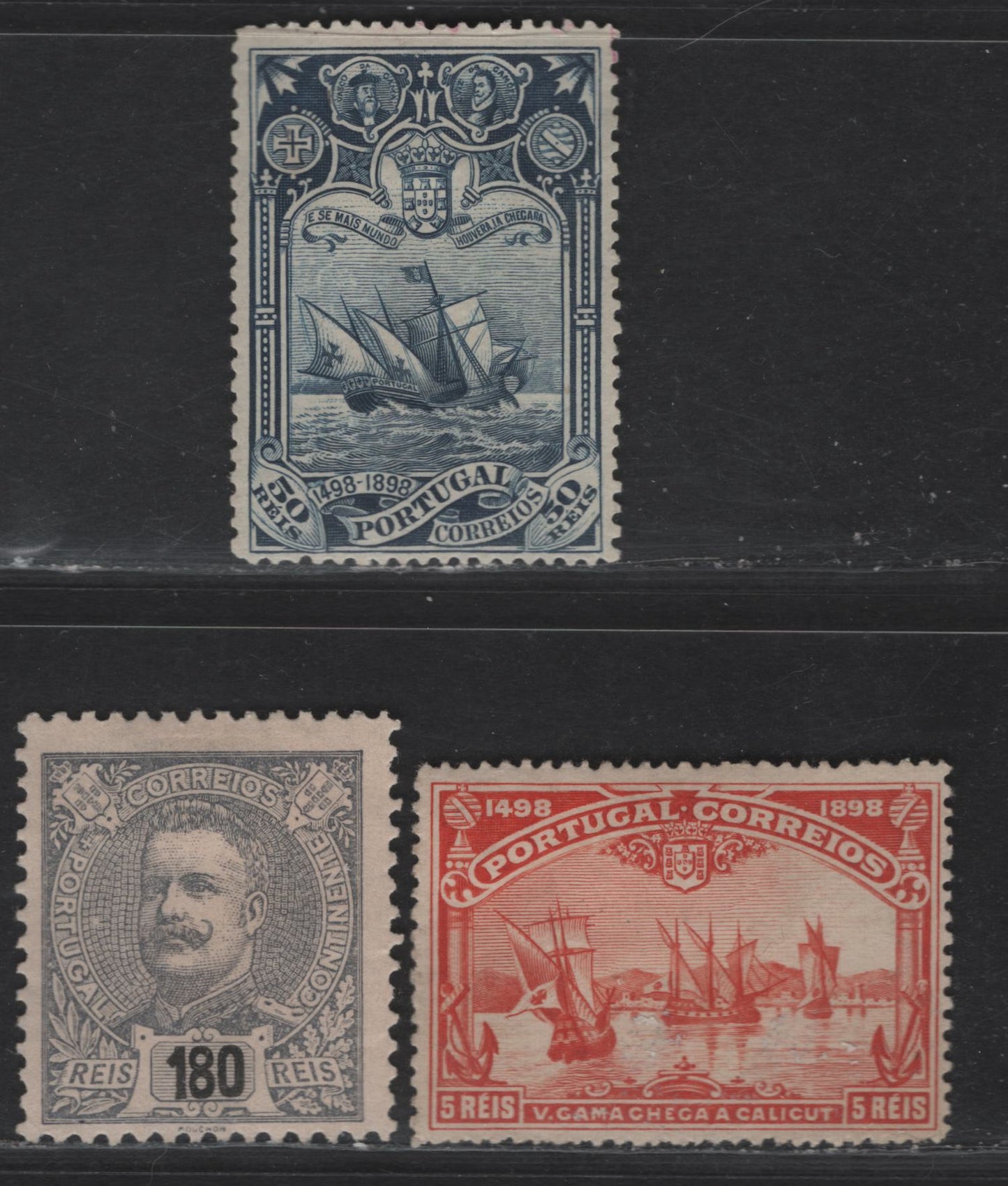 Lot 176 Portugal SC#128, 148, 151 180r - 50r Slate on Pinkish - Dark Blue King Carlos & Vasco da Gama, 1895-1905 King Carlos - Vasco de Gamma Issues, 3 Fine Unused Singles