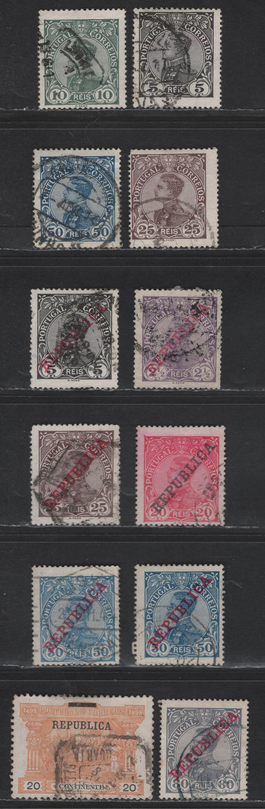Lot 178 Portugal SC#157-158, 161-162, 170-171, 174-176, 178, 195 2.5r - 80r Violet - Slate King Manuel II, 1910-1911 King Manuel - Republica Overprinted Issues, 12 Fine/Very Fine Used Singles