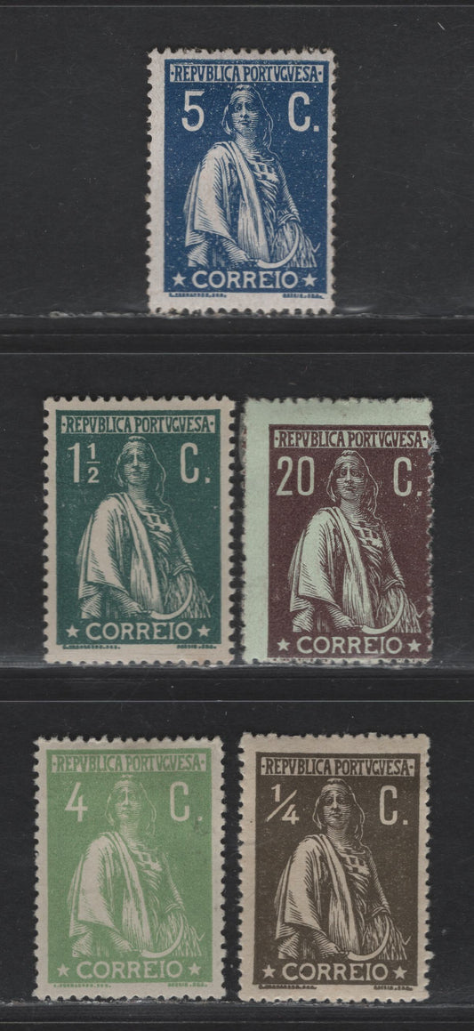 Lot 179 Portugal SC#213, 218, 227, 232, 239 1/4c - 20c Olive - Brown on Greenish Ceres, 1912-1921 Ceres Issue, 5 VG/F/VFOG Singles, Ordinary & Chalky Papers