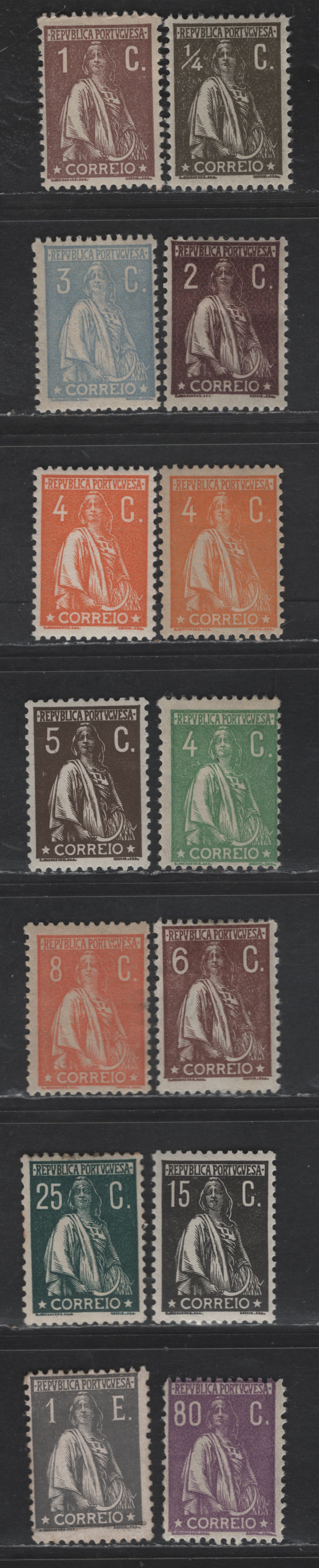 Lot 180 Portugal SC#255, 257, 261, 264-267, 270, 274, 279, 284, 298B, 298J 1/4c - 1e Dark Olive - Gray Violet Ceres, 1919-1926 Ceres Issue, 14 F/VFOG Singles, Perf 12x11.5