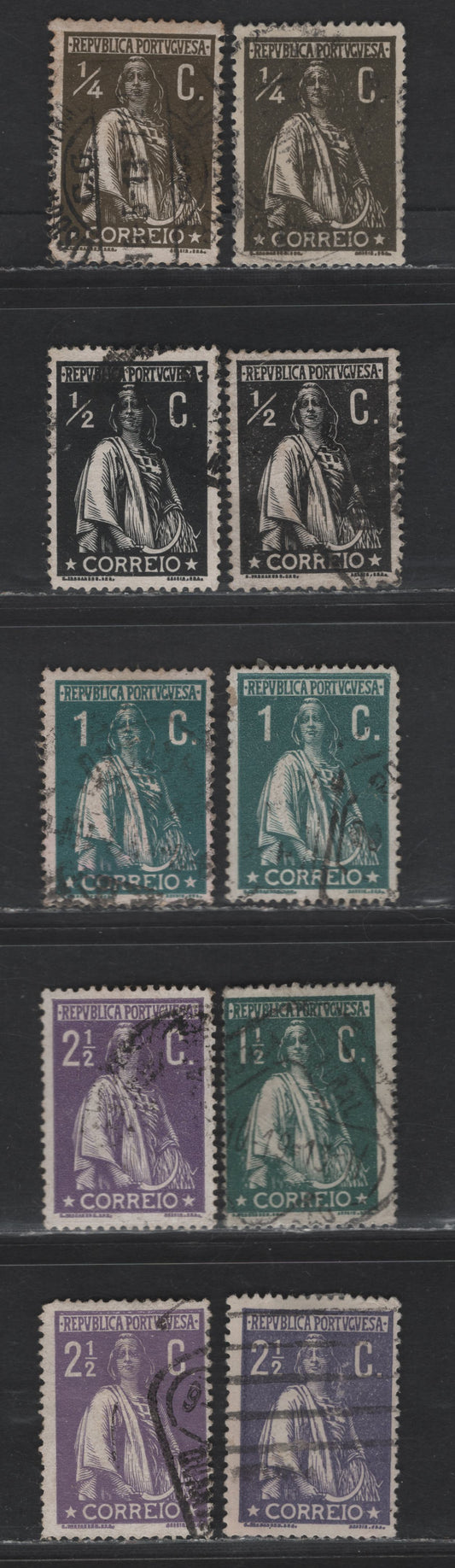 Portugal SC#207-209, 212 1/4c - 2/5c Dark Olive - Violet Ceres, 1912-1920 Ceres Issue, 10 Fine/Very Fine Used Singles, Chalky Paper, Perf 15x14, Shade Variations