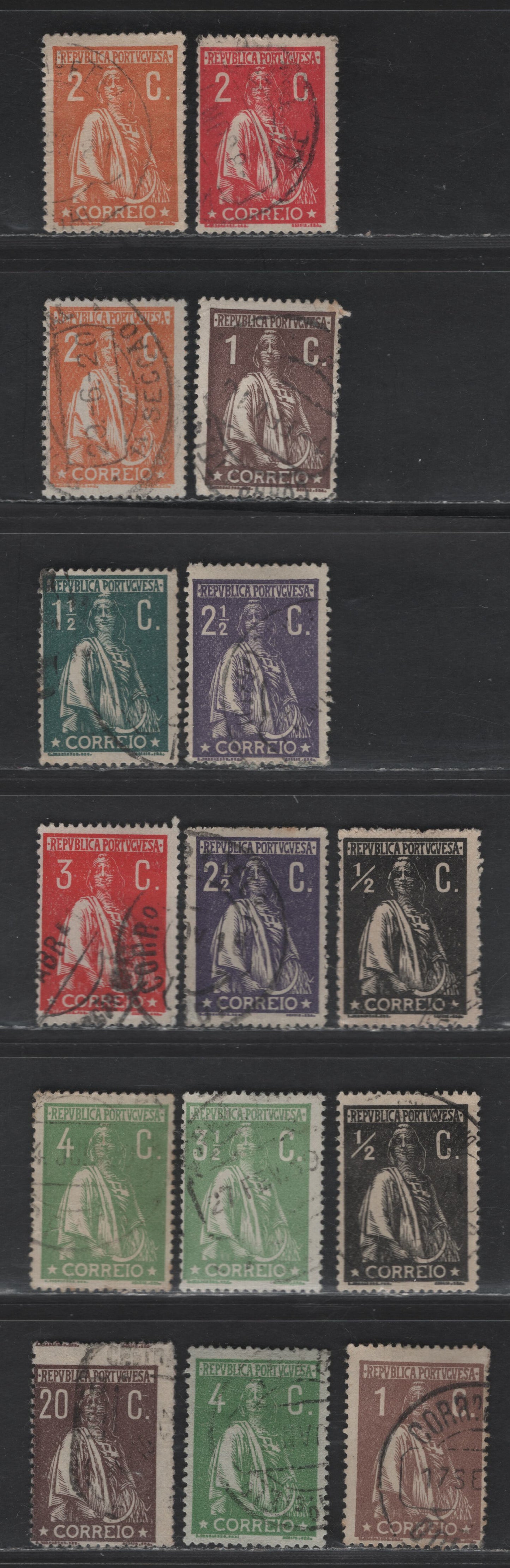 Lot 183 Portugal SC#256, 230, 232-236, 238-239, 248 1/2c - 20c Black - Brown Ceres, 1917-1921 Ceres Issue, 15 Very Good/Fine Used Singles, Ordinary Paper, Perf 15x14, Shade & Paper Variations