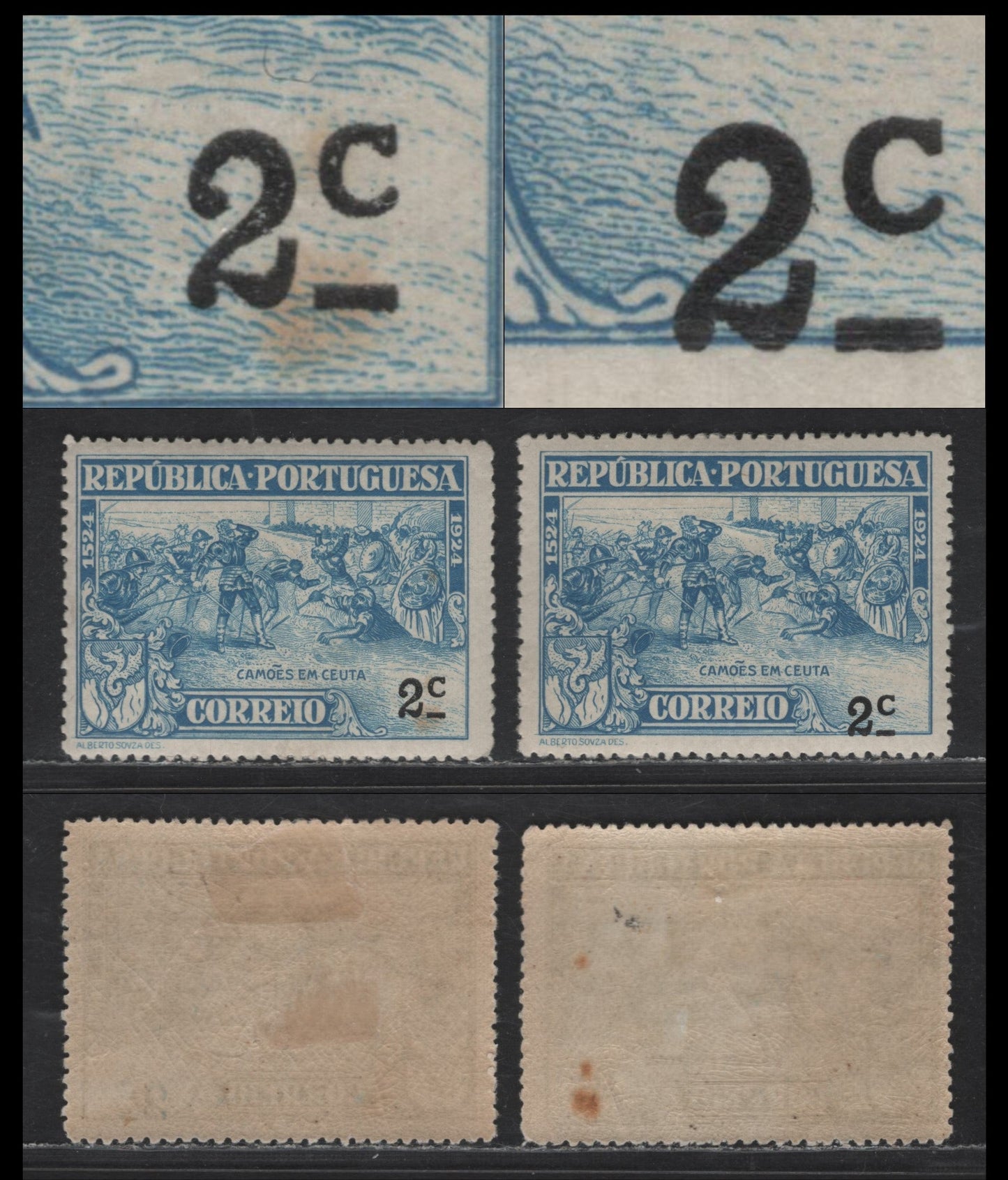 Lot 184 Portugal SC#315 & 315var 2c Light Blue Luis de Camoens, 1924 Luis de Camoens Issue, 2 F/VFOG Singles, Normal & Downawrd Shift Of Value, Unlisted