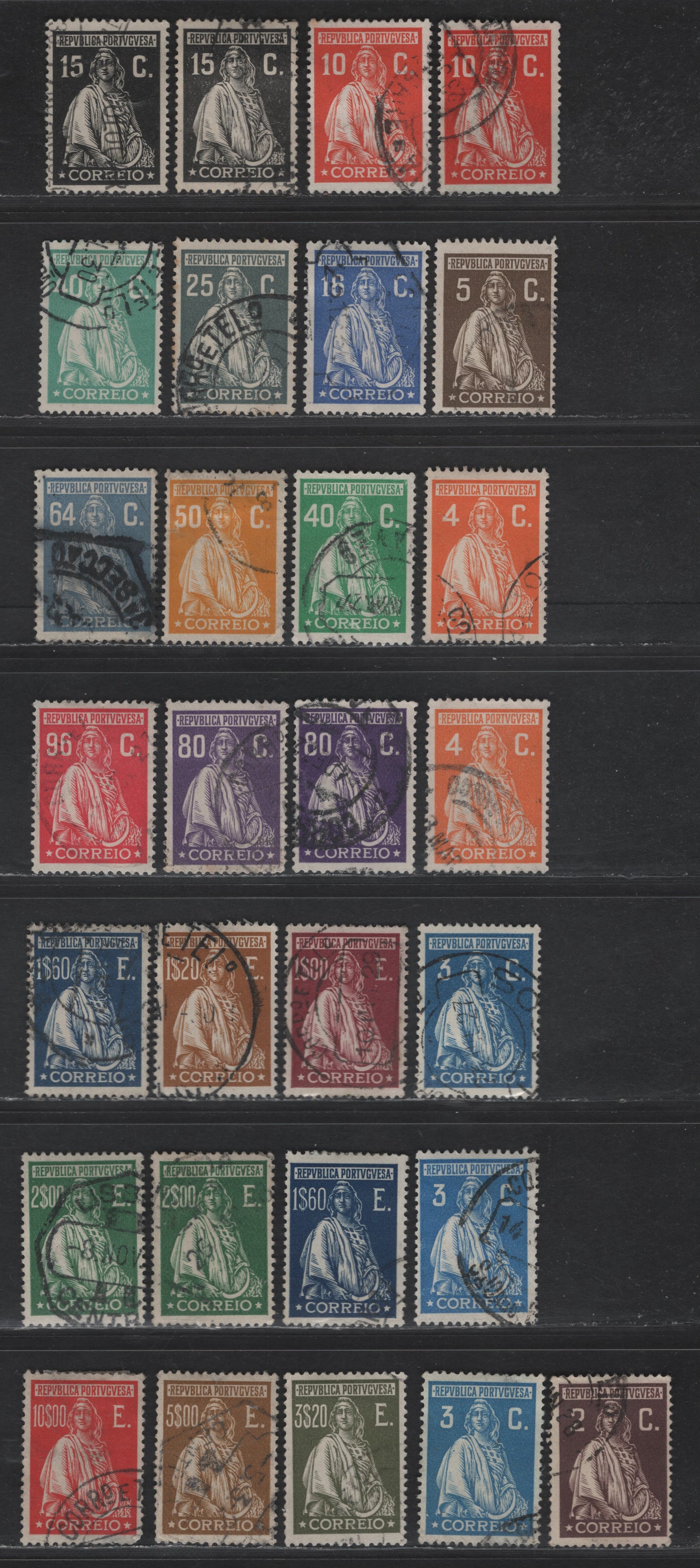 Lot 188 Portugal SC#398-401, 403-406, 408, 410-418, 420-421 2c - 10e Chocolate - Red Sower, 1926 Sower Definitive Issue, 29 Fine/Very Fine Used Singles, Without Imprint, Multiple Shades