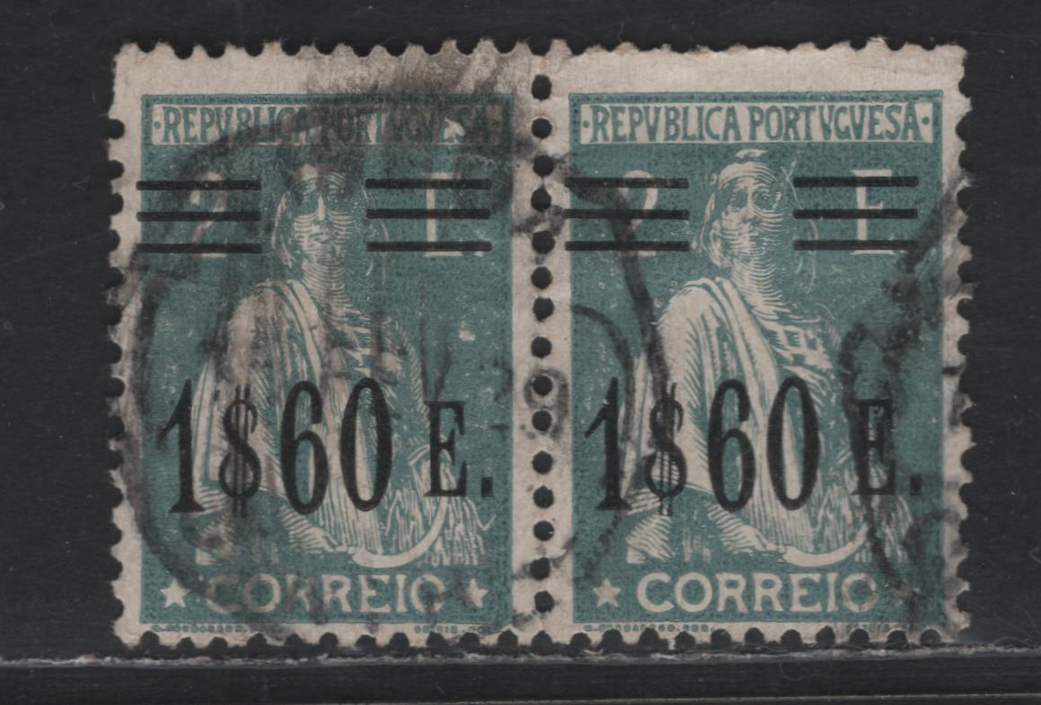 Portugal SC#487A 1.60e on 2c Slate Green Ceres, 1928-1929 Surcharged Issue, A Very Good Used Pair, Glazed Paper, Small Internal Wrinkle