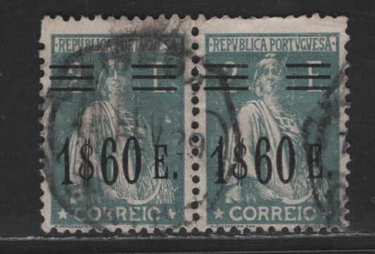 Portugal SC#487A 1.60e on 2c Slate Green Ceres, 1928-1929 Surcharged Issue, A Very Good Used Pair, Glazed Paper, Small Internal Wrinkle