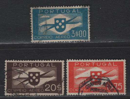 Lot 191 Portugal SC#C2, C4, C9 1.75e - 20e Red Orange - Brown Crest & Landscape, 1936-1941 Airmail Issue, 3 Very Fine Used Singles