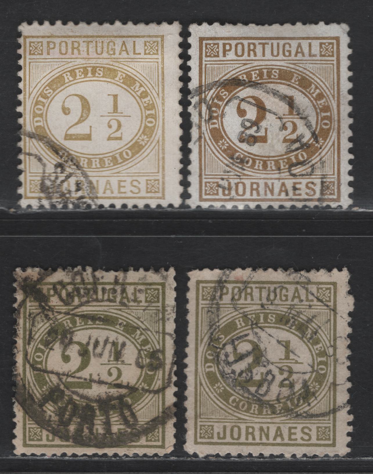 Lot 194 Portugal SC#P1, P1a 2.5r Bistre & Olive Green Numerals, 1876 Newspaper Issue, 4 Fine Used Singles, Different Printings & Shades