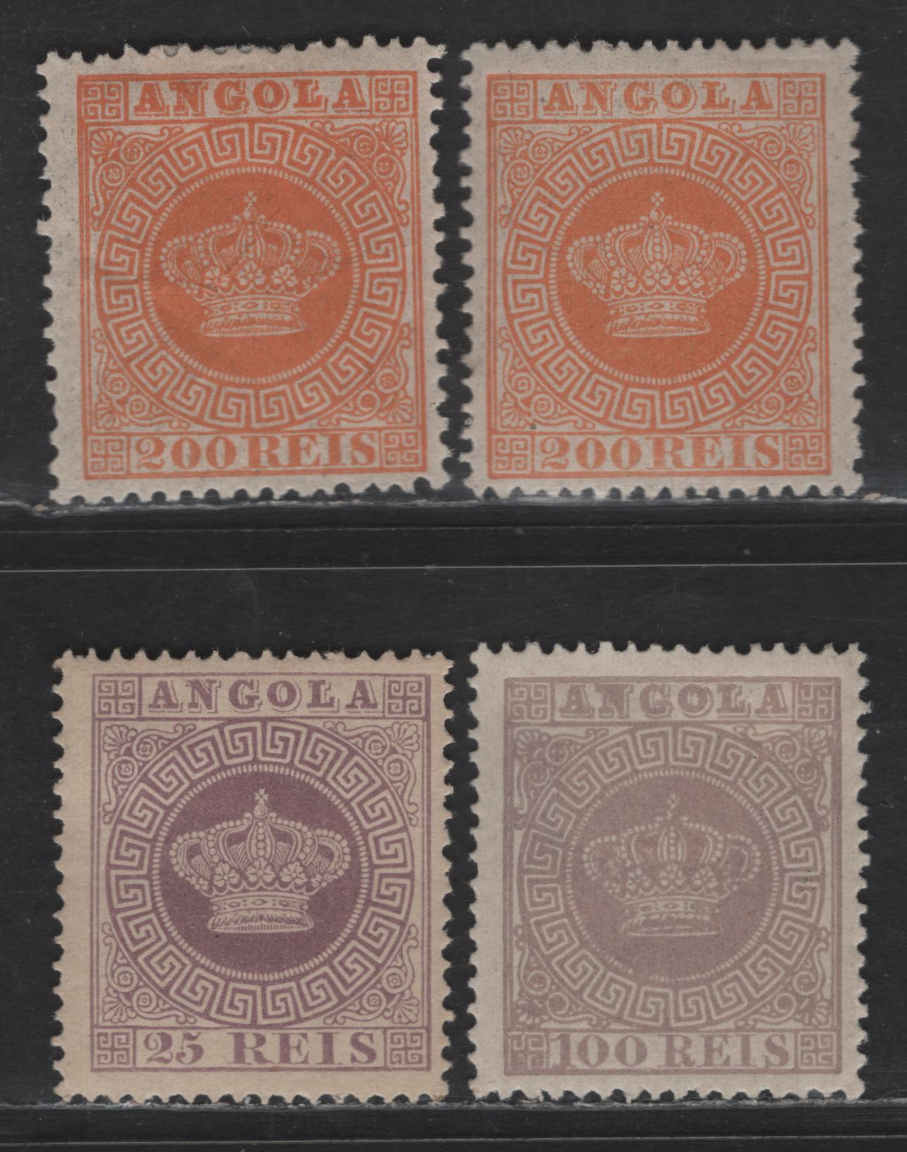 Lot 196 Angola SC#8a, 8, 7e, 12a 25r - 200r Violet - Orange Crown, 1870-1885 Crown Issues, 4 F/VFOG Singles, Perfs 12.5 & 13.5